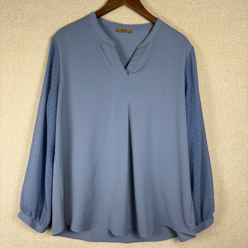 MCKOL Womens XXL Light Blue Swiss Dot Sheer Sleeve V-Neck Pleated Blouse Top